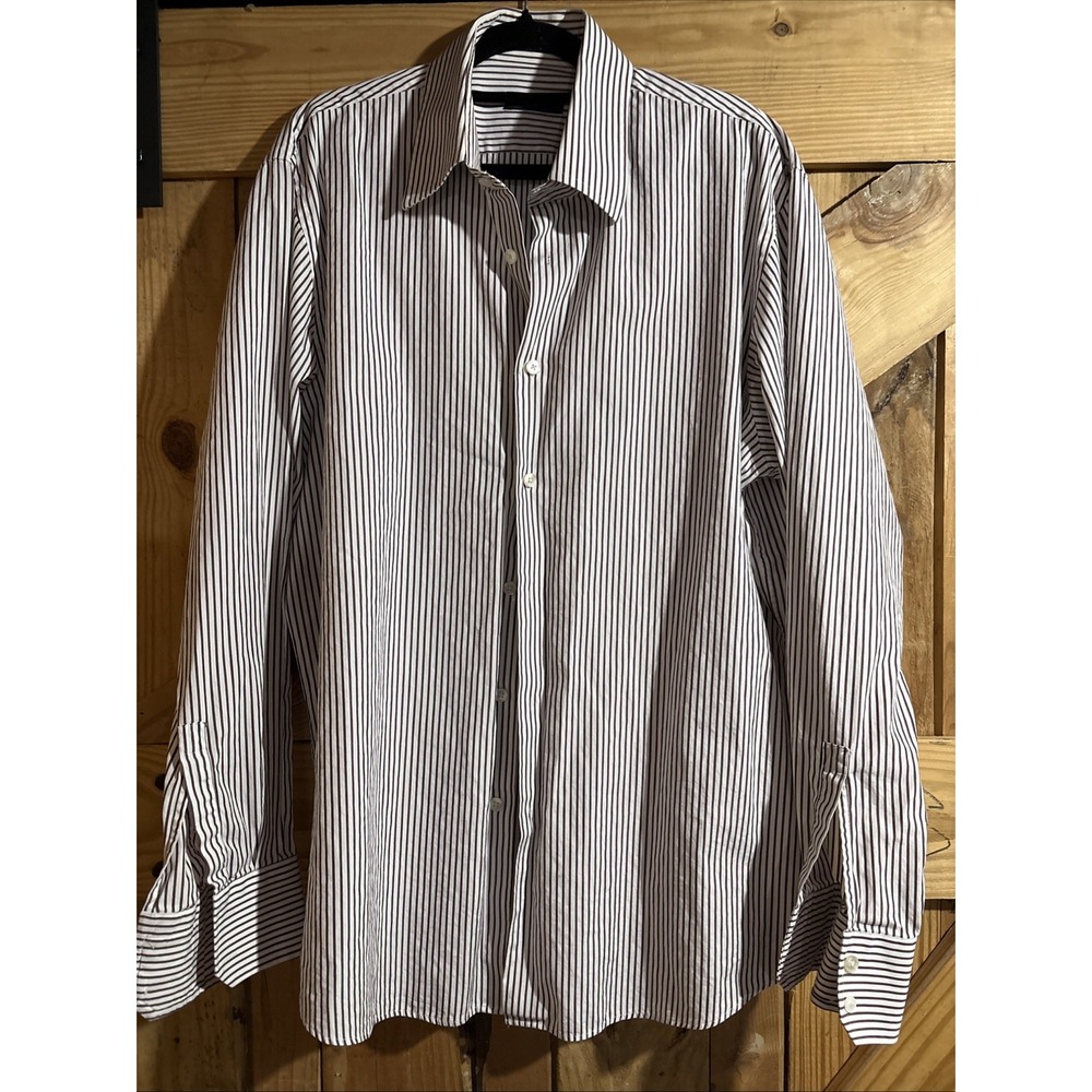 BOSS Hugo Boss Classic Striped Button-Up Shirt Brown White Long Sleeve 17 34/35